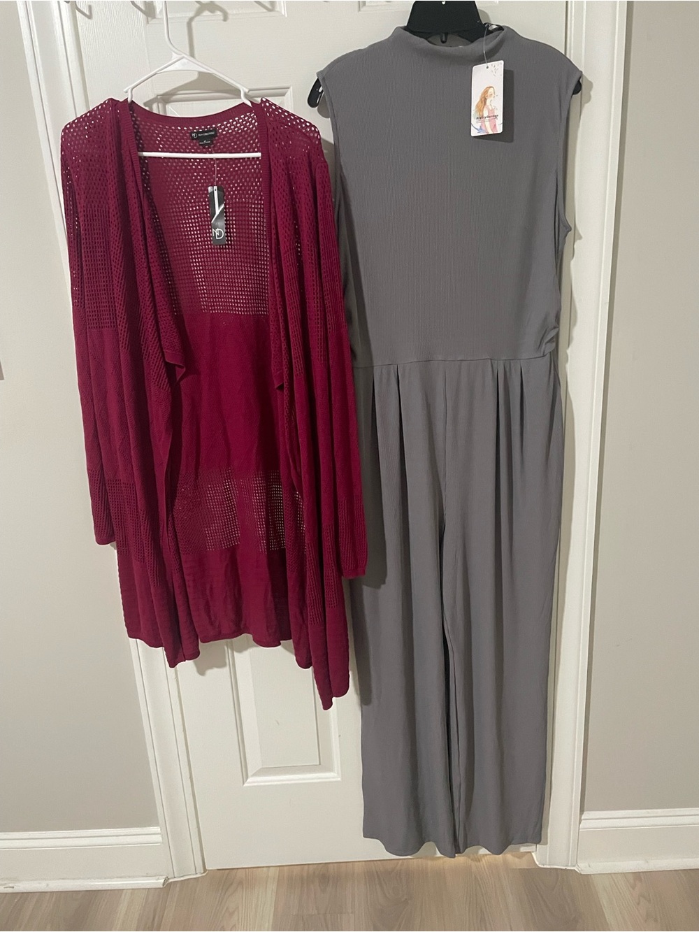 Gray Sleeveless Jumpsuit + Wine Open-Knit Cardigan Set xl nwt outfit